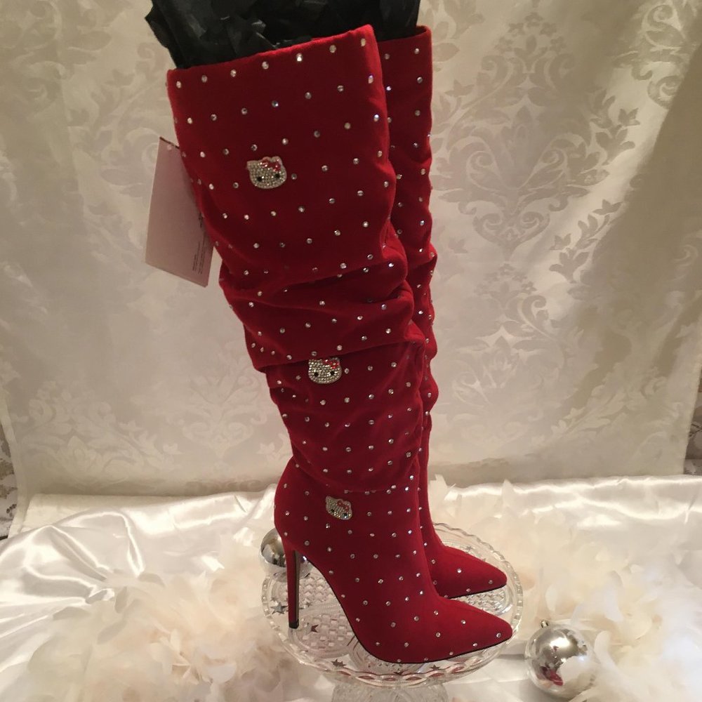 COPY - GORGEOUS cherry red y2k velvet boots covered in crystals and hello kitty…